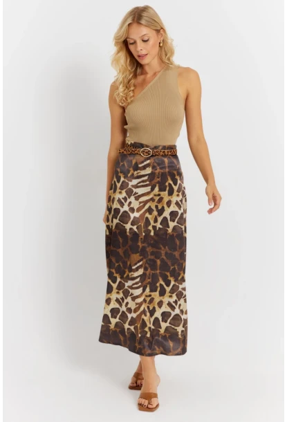 Kadın Camel-Siyah Desenli Saten Etek KED170
