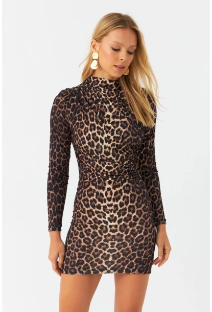 Kadın Camel-Siyah Drapeli Mini Leopar Elbise DMR386