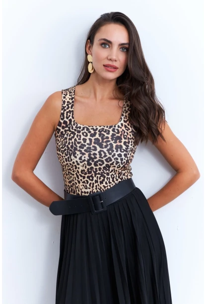 Kadın Camel-Siyah Kare Yaka Leopar Bluz RLO87