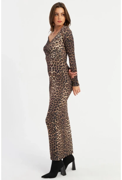Kadın Camel-Siyah Kruvaze Leopar Maxi Elbise LİK11