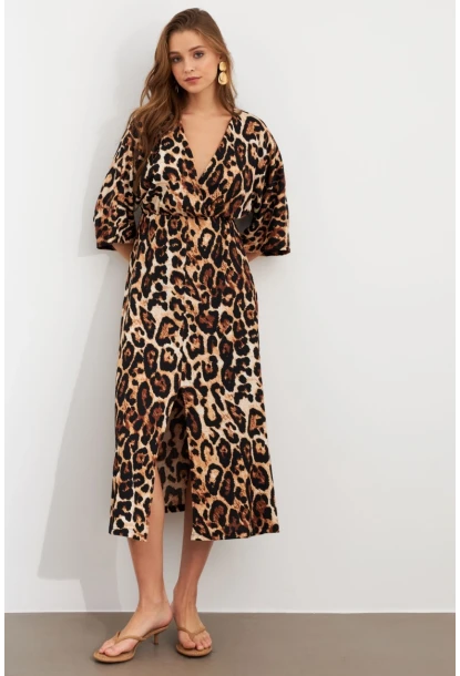 Kadın Camel-Siyah Kruvaze Leopar Midi Elbise KAB306