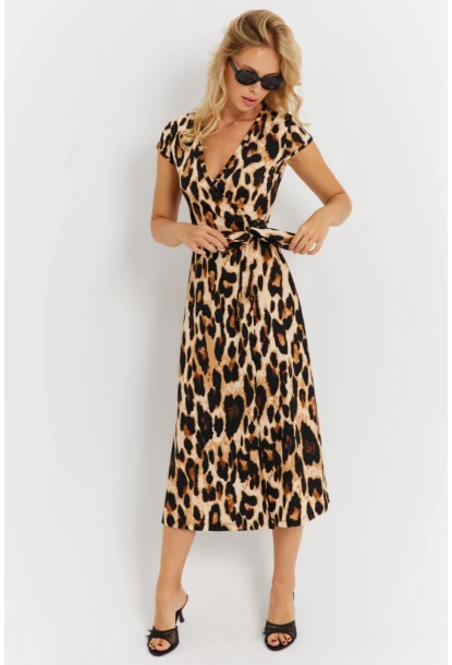 Kadın Camel-Siyah Kuruvaze Bağlamalı Leopar Desenli Midi Elbise EY2896