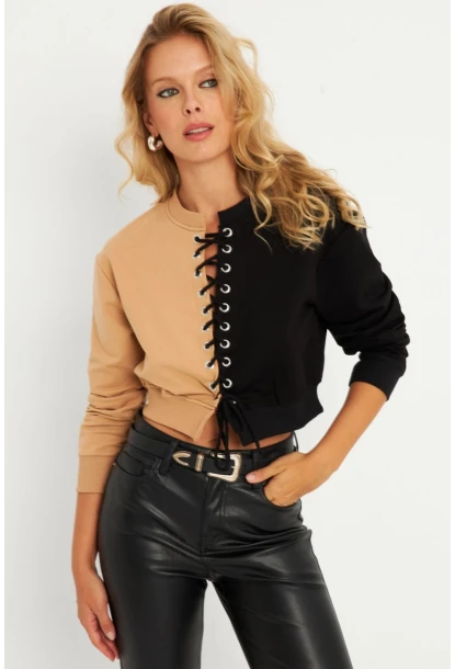 Kadın Camel-Siyah Kuşgözlü Kısa Sweatshirt TF02