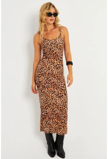 Kadın Camel-Siyah Leopar Askılı Maxi Yılbaşı Elbise GÇ184