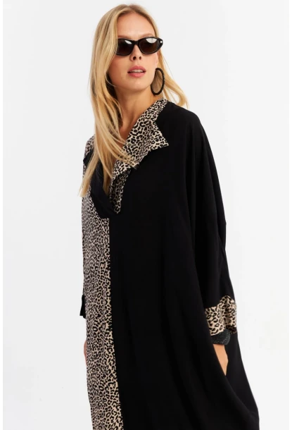 Kadın Camel-Siyah Leopar Bloklu Maxi Elbise MALO15