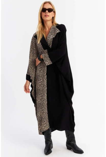 Kadın Camel-Siyah Leopar Bloklu Maxi Elbise MALO15