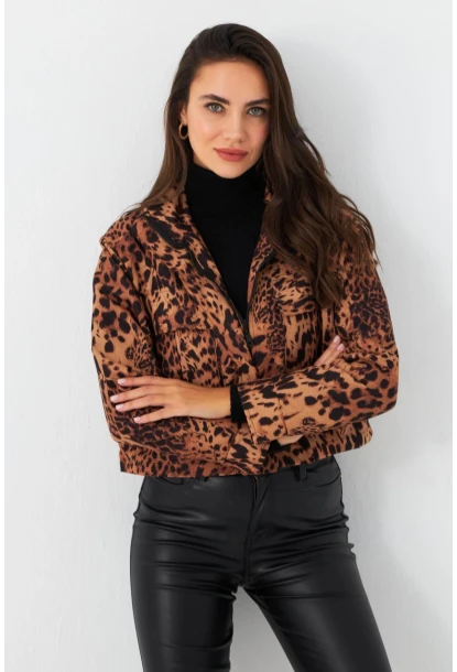 Kadın Camel-Siyah Leopar Crop Ceket ELT1001