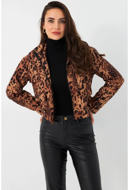 Kadın Camel-Siyah Leopar Crop Ceket ELT1001