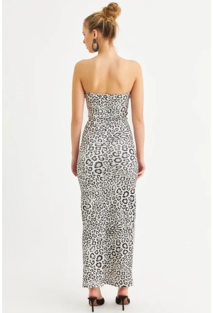 Kadın Camel-Siyah Leopar Desen Straplez Yırtmaçlı Midi Elbise XC005