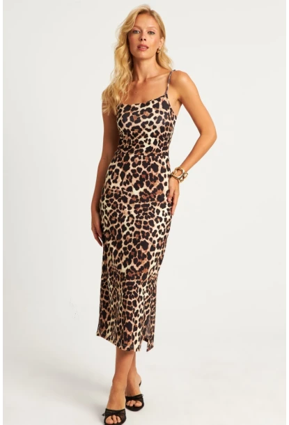 Kadın Camel-Siyah Leopar Desenli Astarlı Midi Elbise HC1540