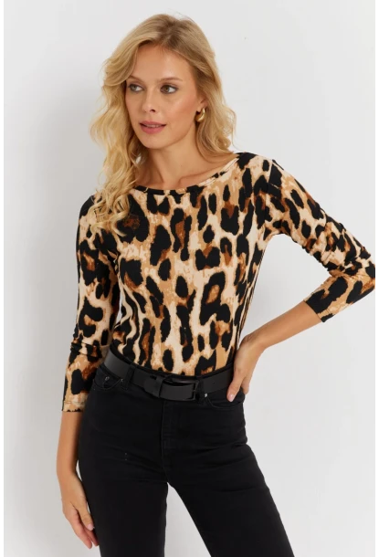 Kadın Camel-Siyah Leopar Desenli Bürümcük Bluz EY2894
