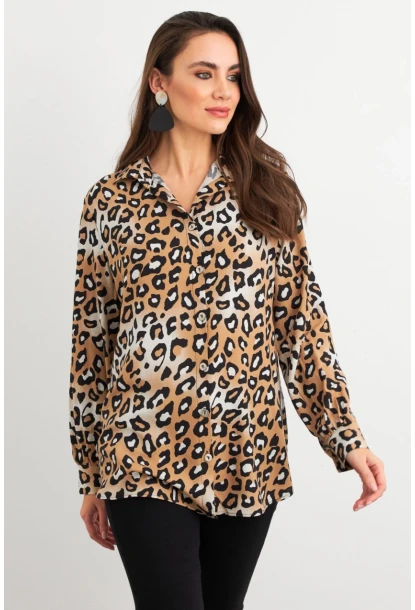 Kadın Camel-Siyah Leopar Desenli Gömlek MASF227