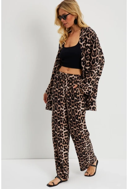 Kadın Camel-Siyah Leopar Desenli Kimono Takım GÇ163