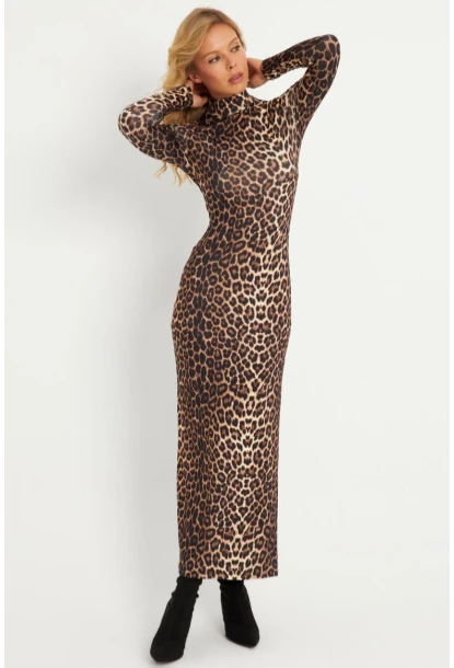 Kadın Camel-Siyah Leopar Desenli Maxi Yılbaşı Elbise LİK07