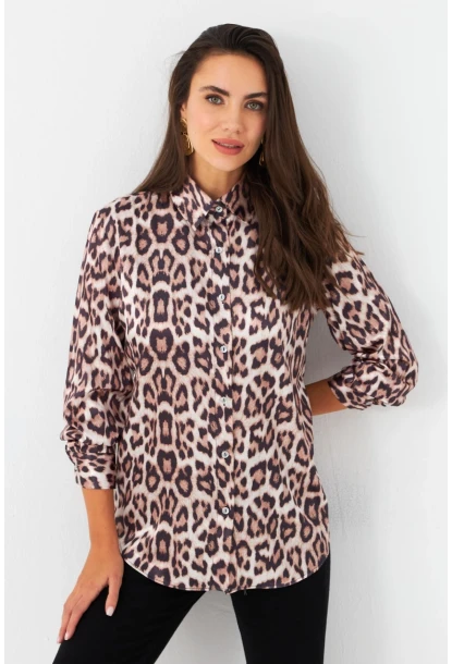 Kadın Camel-Siyah Leopar Desenli Saten Gömlek MRAD5901-1