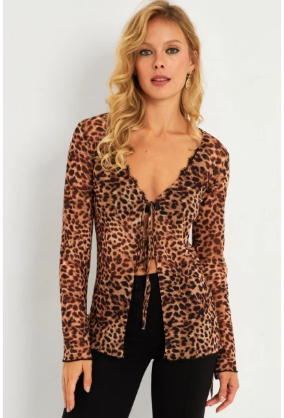 Kadın Camel-Siyah Leopar Desenli Tül  Bluz GÇ175