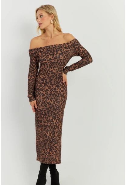 Kadın Camel-Siyah Leopar Madonna Midi Elbise RMZ21254