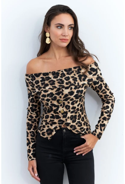 Kadın Camel-Siyah Madonna Yaka Leopar Bluz RLO77