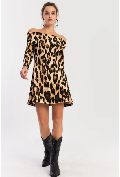 Kadın Camel-Siyah Madonna Yaka Leopar Mini Elbise EY2915