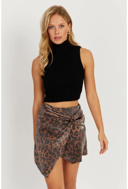 Kadın Camel-Siyah Önü Düğümlü Mini Leopar Etek NH89