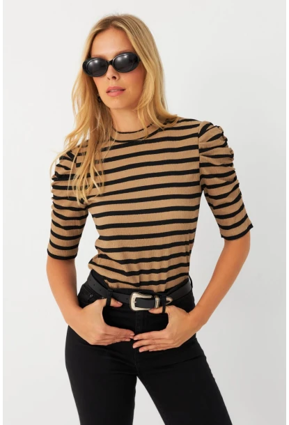 Kadın Camel-Siyah Prenses Kol Bluz MAYD12