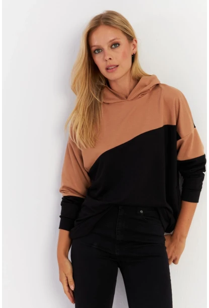 Kadın Camel-Siyah Renk Bloklu Kapüşonlu Sweatshirt DA148