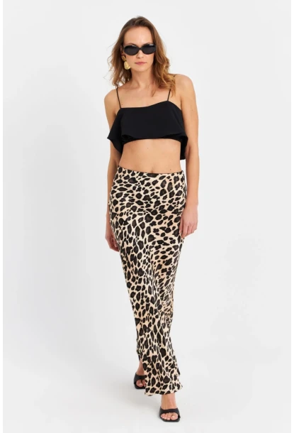 Kadın Camel-Siyah Saten Leopar Etek CAR2431