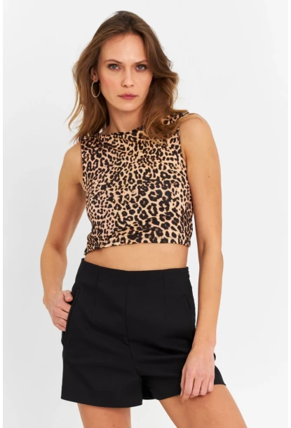 Kadın Camel-Siyah Sırtı Açık Leopar Crop Bluz ZH138