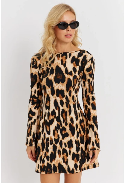 Kadın Camel-Siyah Sırtı Açık Leopar Desenli Midi Elbise EY2891