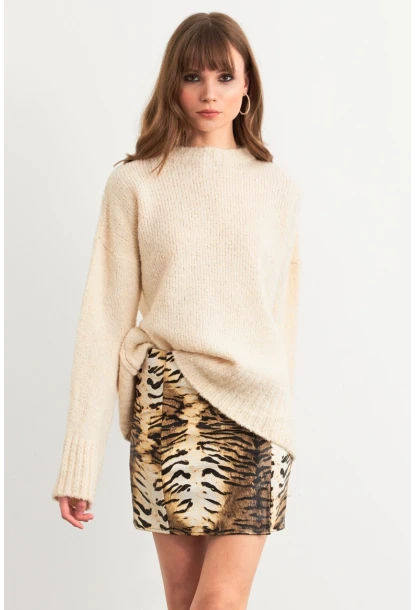 Kadın Camel-Siyah Suni Deri Zebra Desenli Mini Etek NH24475