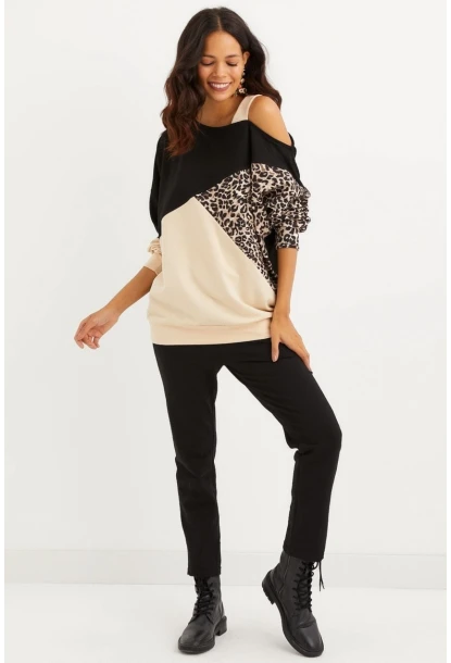 Kadın Camel-Siyah Tek Omuz Leopar Desen Bloklu Sweatshirt MBK231066