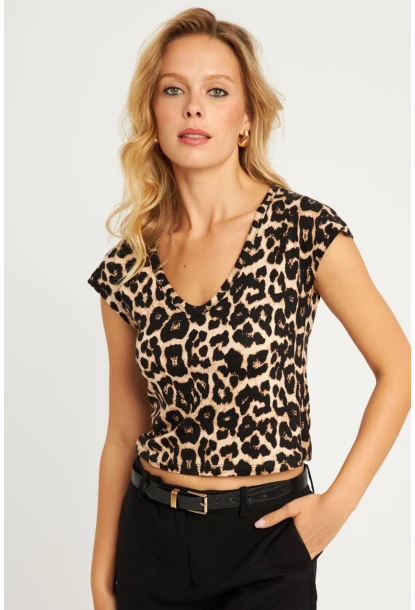 Kadın Camel-Siyah V Yaka Desenli Bluz LPP1285