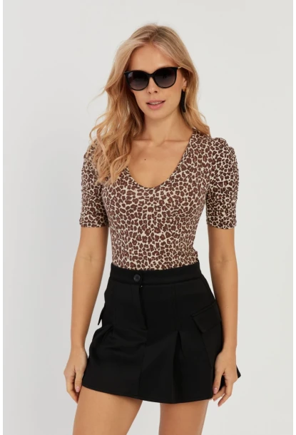 Kadın Camel-Siyah V Yaka Leopar Bluz LPP1263