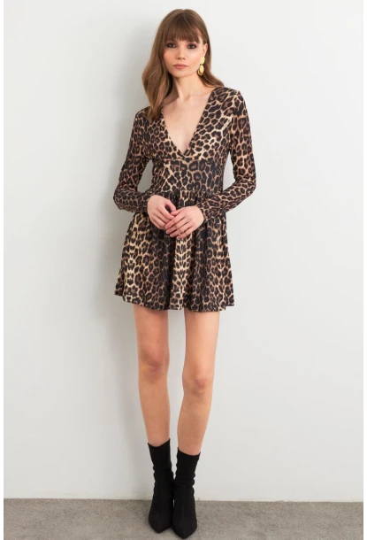 Kadın Camel-Siyah V Yaka Leopar Mini Elbise LİK17