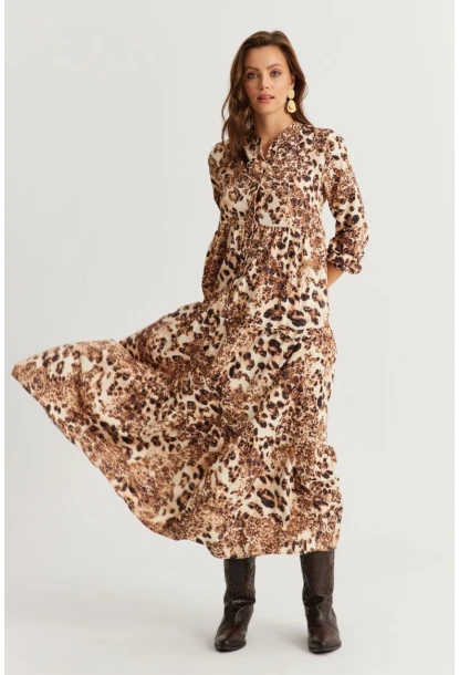 Kadın Camel-Siyah Volanlı Desenli Maxi Elbise MYLE14