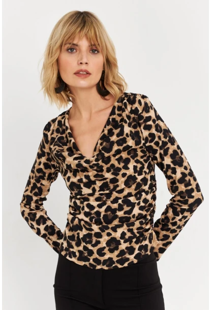 Kadın Camel-Siyah Yanları Büzgülü Degaje Leopar Bluz FRY2272