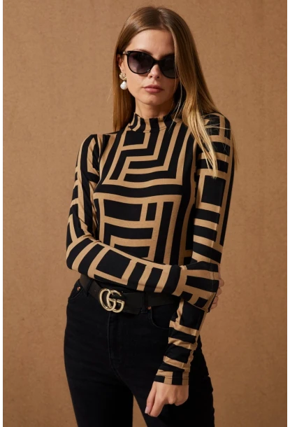 Kadın Camel-Siyah Yarım Balıkçı Desenli Bluz LPP1147