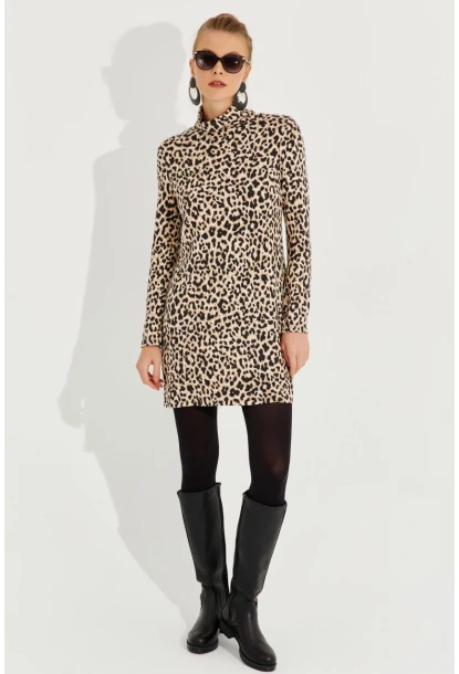 Kadın Camel-Siyah Yumoş Leopar Mini Elbise AYD253