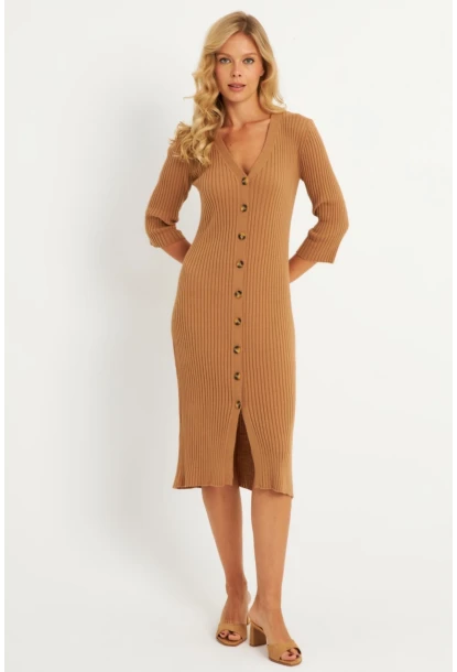 Kadın Camel Triko Midi Gömlek Elbise YV274