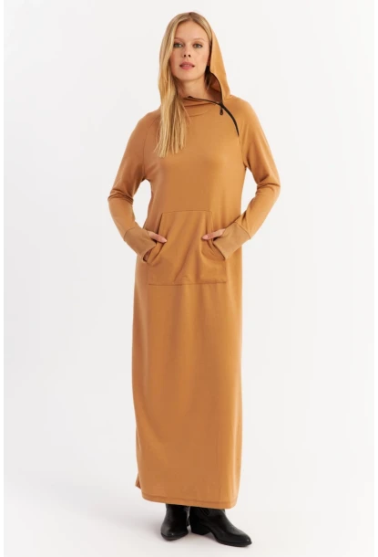 Kadın Camel Yakası Fermuarlı Maxi Sweat Elbise MTF12