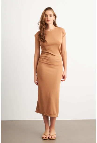 Kadın Camel Yanları Büzgülü Midi Elbise MK35