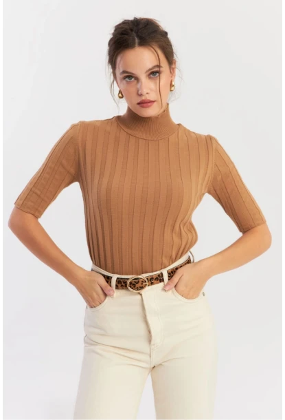 Kadın Camel Yarım Balıkçı Triko Bluz YV287