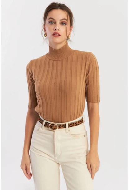Kadın Camel Yarım Balıkçı Triko Bluz YV287