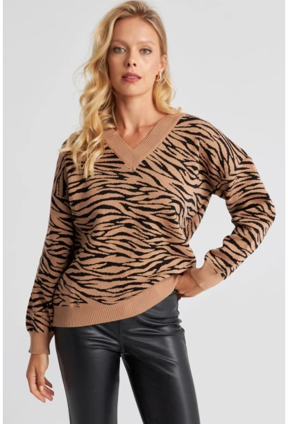 Kadın Camel Zebra Desenli Triko Kazak YZ521