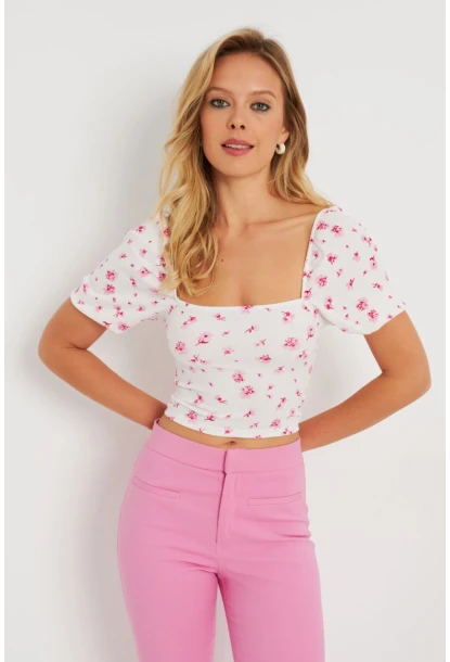 Kadın Çiçekli Crop Bluz Beyaz AYD270