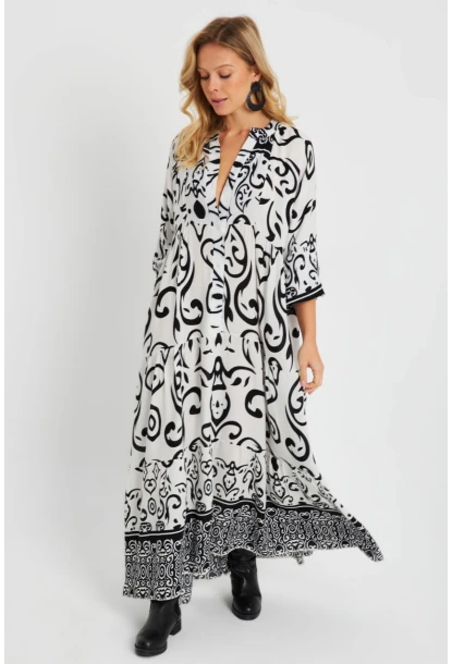 Kadın Desenli Salaş Maxi Elbise Beyaz-Siyah Q981