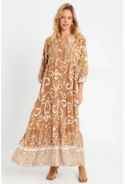 Kadın Desenli Salaş Maxi Elbise Camel Q981