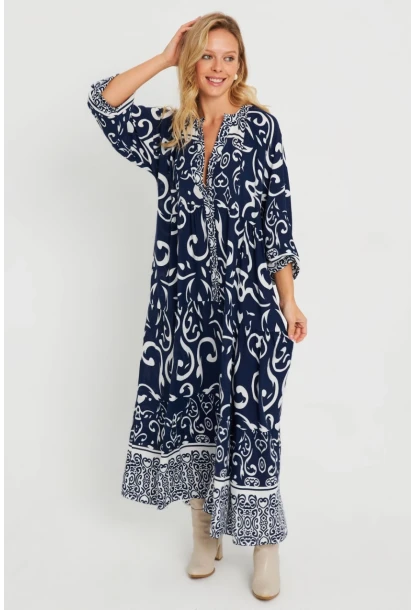 Kadın Desenli Salaş Maxi Elbise Lacivert Q981