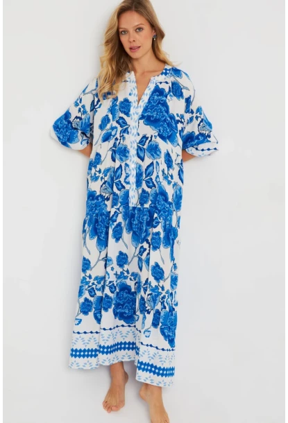 Kadın Desenli Salaş Maxi Elbise Mavi Q981