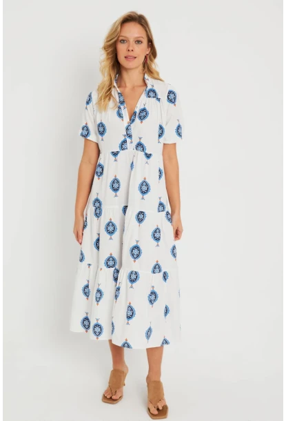 Kadın Desenli Salaş Mini Elbise Beyaz ASH23046